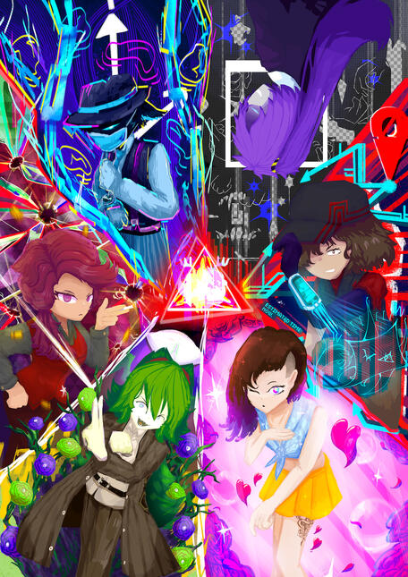 Everyone is here! (triangle agency party, featuring rowan (wolfplay) megan (symphony) komita (mysthaps) ellie (shareoff) fenn (zulax) and quina (myself!) why is everyone a girl except rowan